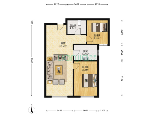 鸿坤理想湾南区 2室1厅 南-户型图
