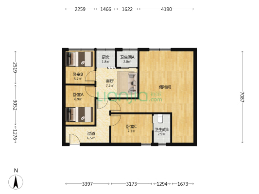 华荣楼 3室1厅2卫 90平方
