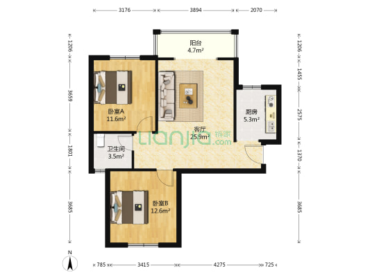 城开天兴花园 2室1厅1卫 89平方