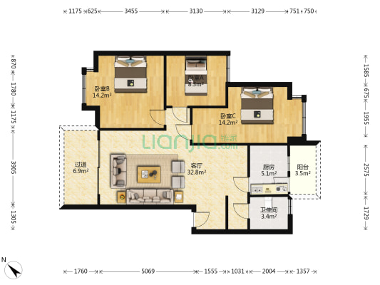 翰信北郡1期 3室1厅1卫 100平方