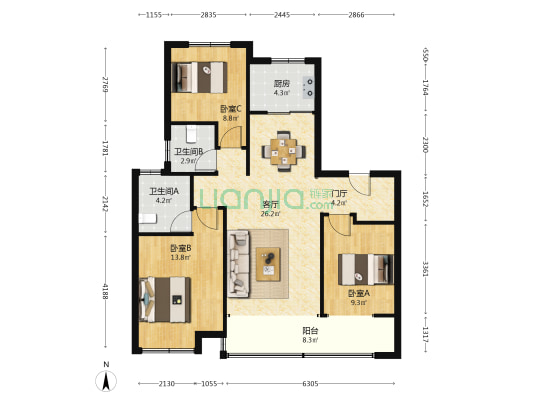 远洋潮起东方A4地块 3室1厅2卫 115平方