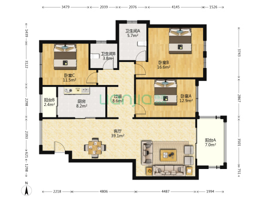 银翔翡翠谷A区 3室1厅2卫 117平方