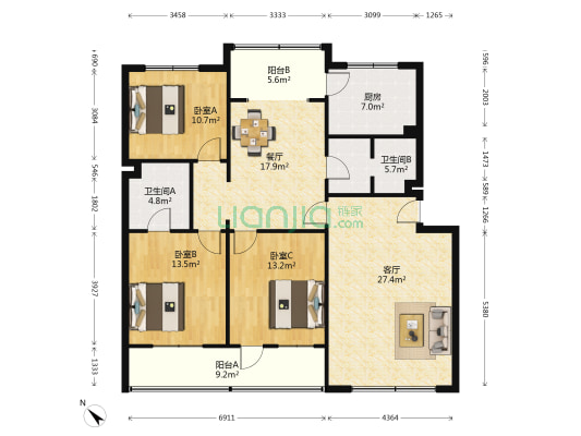 工行家属院 3室2厅2卫 139平方