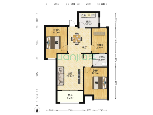御东国际三期 3室1厅1卫 84平方