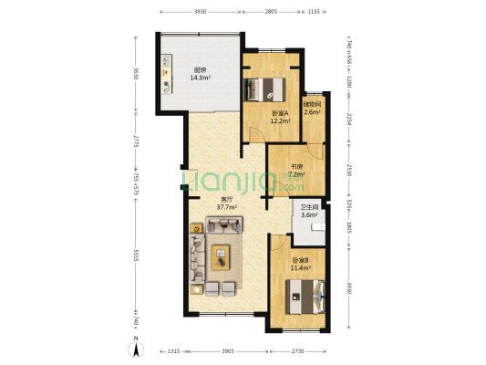松宇花园三期 3室1厅1卫 115平方