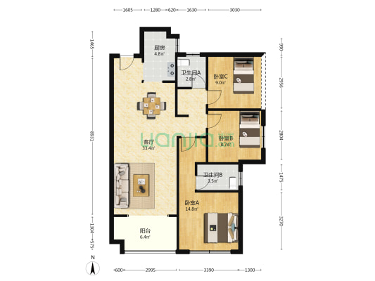 美来美城市广场 3室1厅2卫 106平方