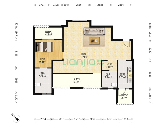 中铁瑞景誉都(廖家桥路) 1室1厅2卫 93平方