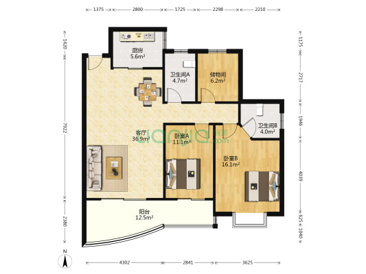 恒盛世家 2室1厅2卫 116平方