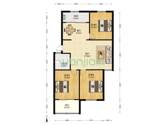 水云新村 3室2厅1卫 113平方