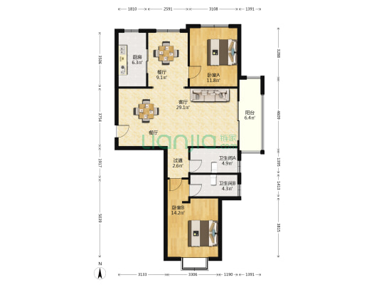 宁东北苑 2室2厅2卫 125平方