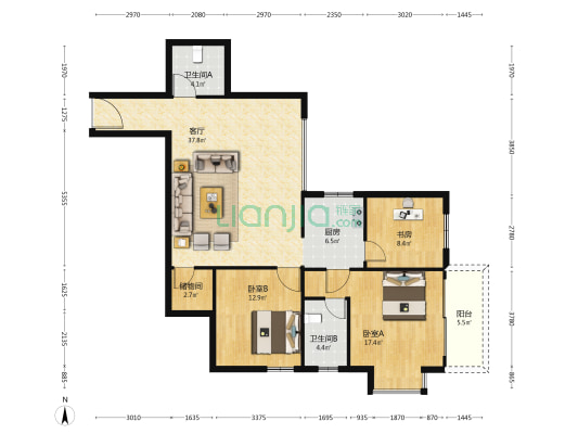 江北大厦 3室1厅2卫 125平方