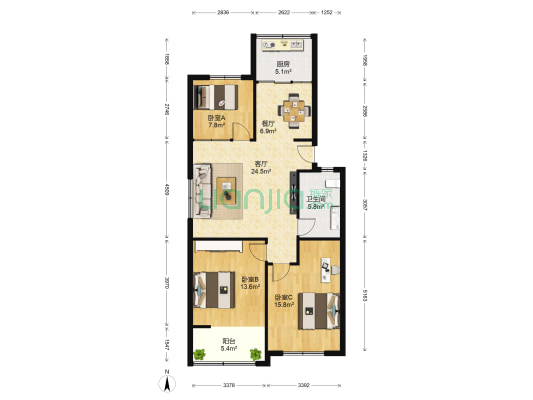 正日山庄 3室2厅1卫 108平方