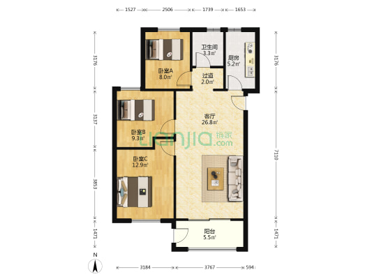 双水家园泽园 3室1厅1卫 90平方