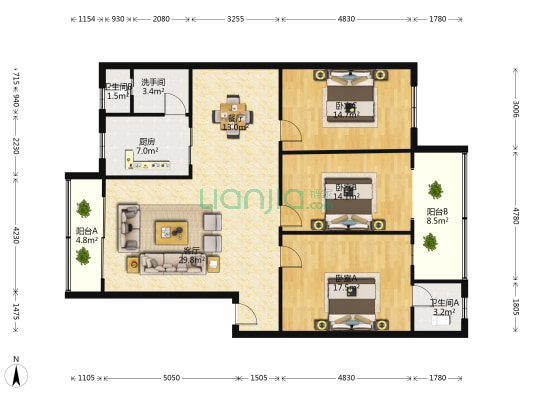 顺旺小区 3室2厅3卫 133平方
