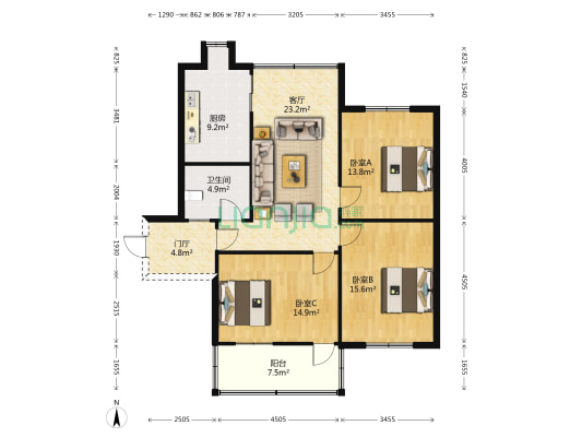 茶山路315号 3室1厅1卫 82平方