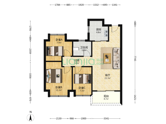 恒大时代新城 3室1厅1卫 98平方