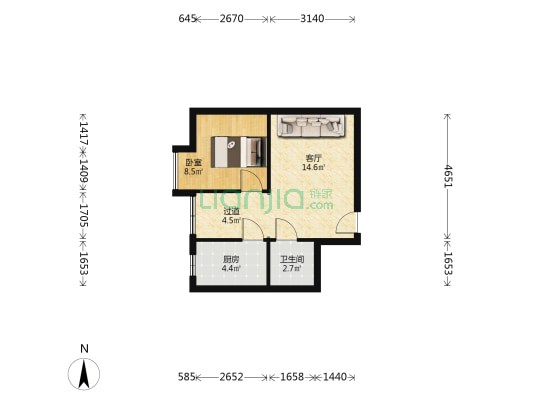 九鼎大道7号 1室1厅1卫 46平方