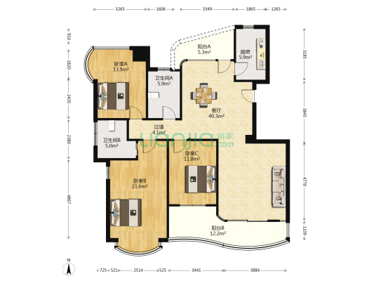 春天 3室1厅2卫 155平方