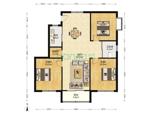 咏春公寓 3室1厅1卫 141平方