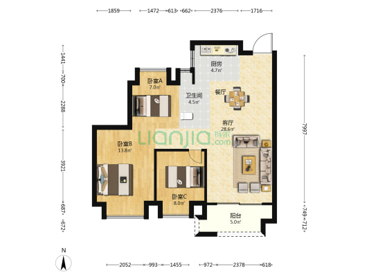 永鸿国际城 3室1厅1卫 90平方