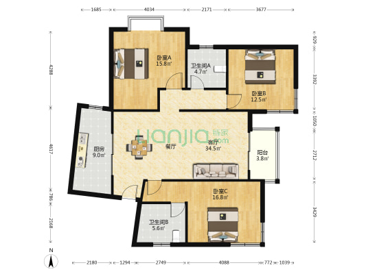 恬园风云汇 3室1厅2卫 135平方