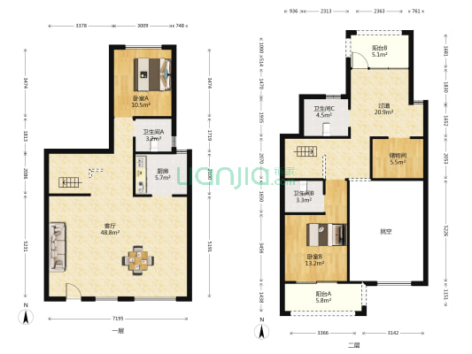 中梁壹号院雅滨苑南区 2室1厅3卫 147平方