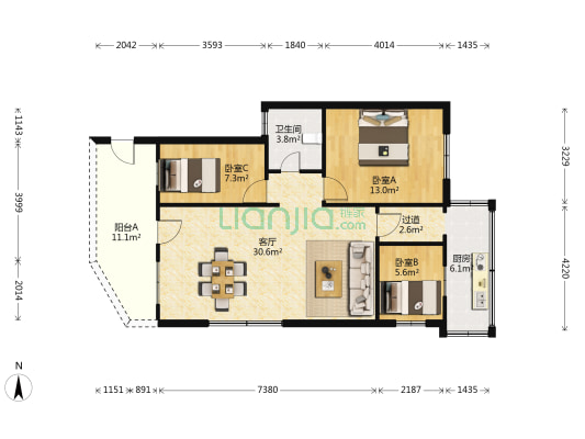 装运公司宿舍 3室1厅1卫 78平方