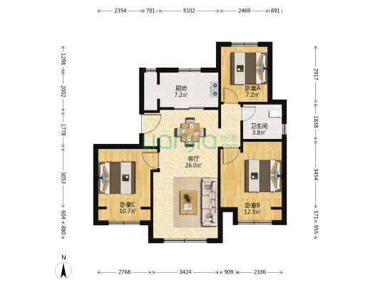 万科翡翠四季C2区 3室1厅1卫 88平方