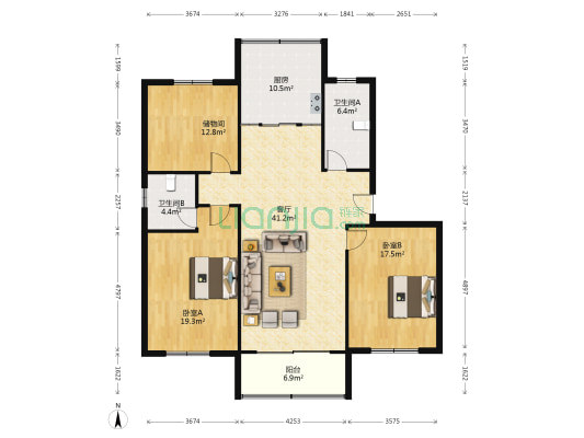 西美花苑 2室1厅2卫 144平方