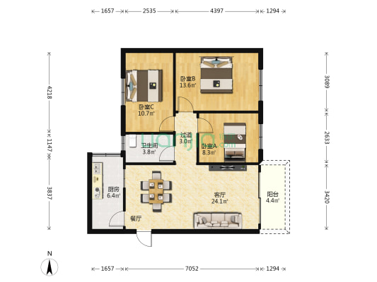 和平广场 3室1厅1卫 87平方