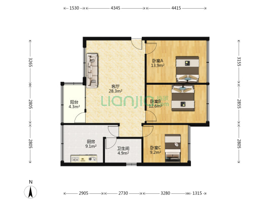富水北路71号 3室1厅1卫 105平方