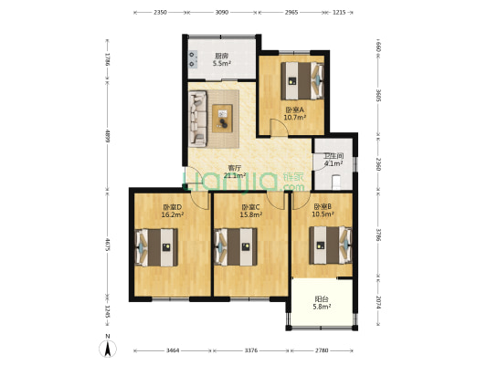 百家百三百四小区 4室1厅1卫 103平方