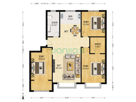 翰林家园 3室1厅1卫 130平方