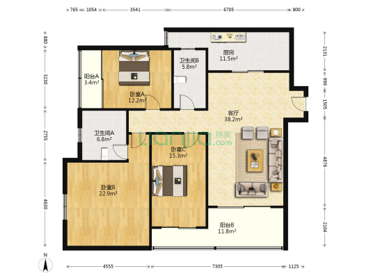 万力时代东区 3室1厅2卫 133平方