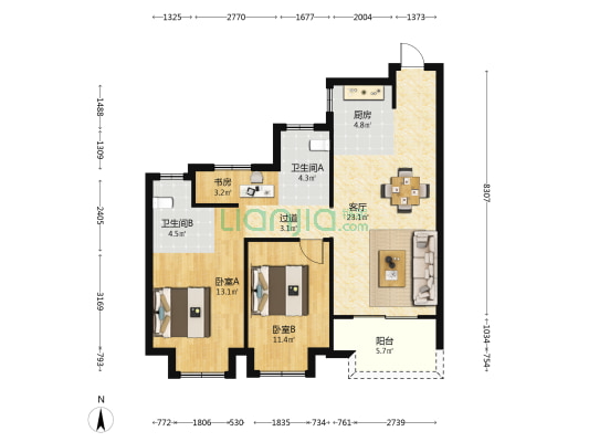朔园 3室1厅2卫 96平方