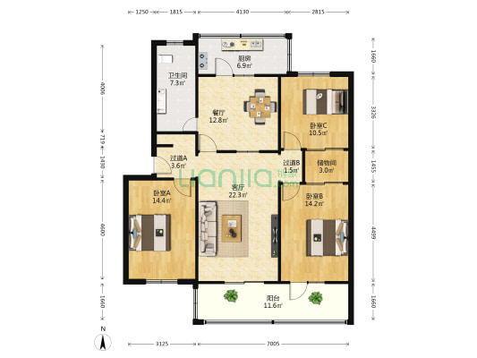 荣军印刷厂宿舍 3室2厅1卫 121平方