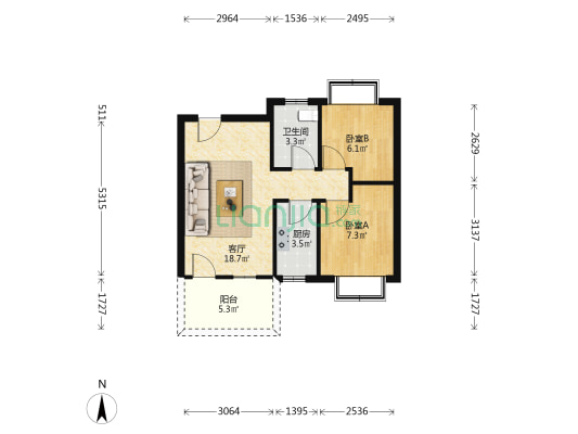 阳明山花园 2室1厅1卫 51平方