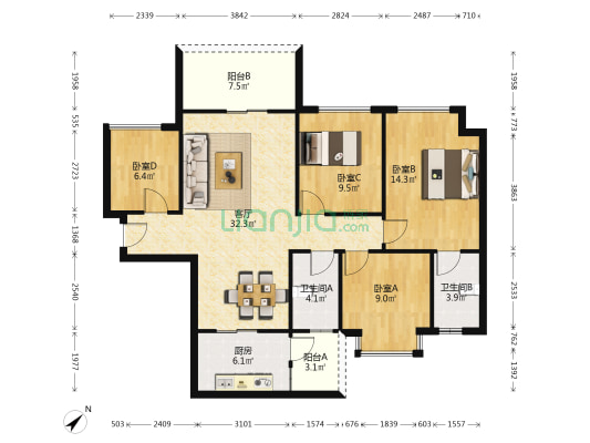 万丽苑 4室1厅2卫 109平方