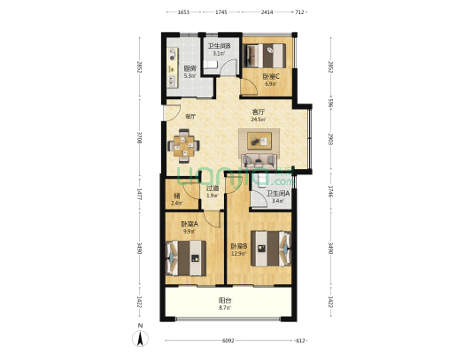 荣安铂云府 3室1厅2卫 93平方