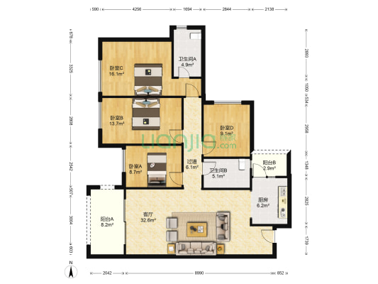 融创观麓台 4室1厅2卫 136平方
