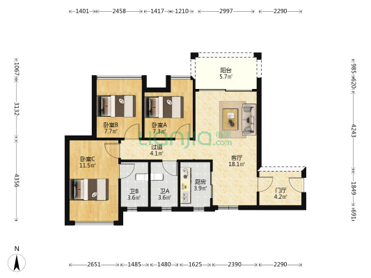 盛凯御苑 3室1厅2卫 87平方