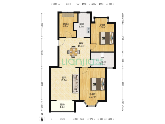 中央景城 3室2厅1卫 103平方