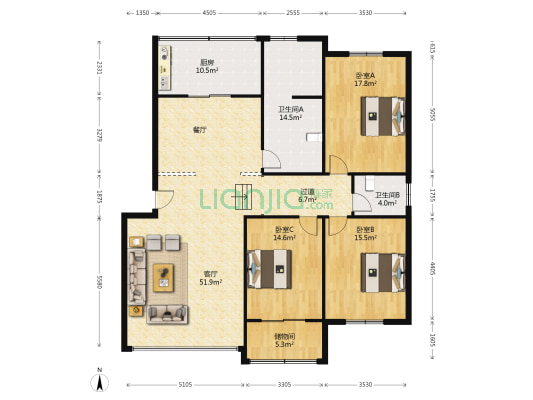 江苏师范大学泉山公寓 3室1厅2卫 158平方