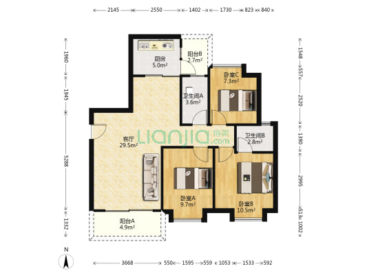 健民路128号 3室1厅2卫 95平方