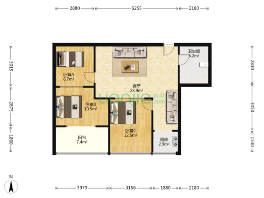 雅典金座综合楼 3室1厅1卫 109平方
