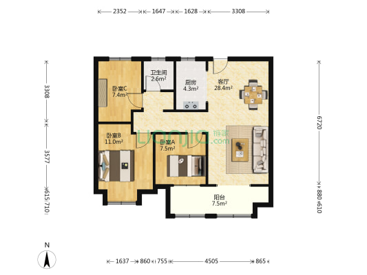 山钢锦悦华府 3室1厅1卫 117平方