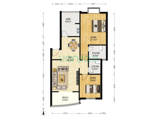 都市丽景 2室1厅2卫 90平方