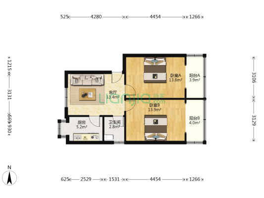 党校宿舍 2室1厅1卫 66平方
