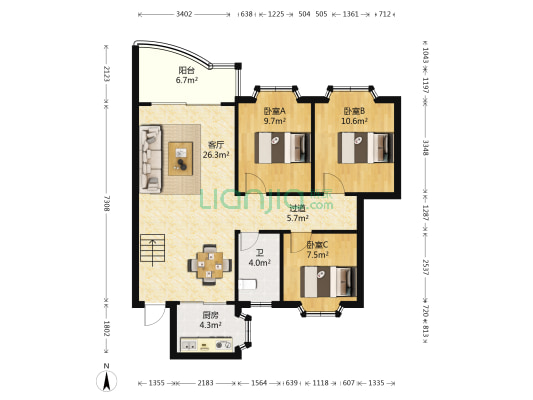 凯宏苑 3室1厅1卫 153平方