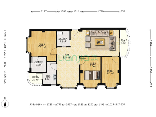 亚太新城富华苑 3室1厅2卫 93平方